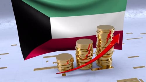Kuwait Flag With Gold Coins Tower And Up Arrow