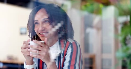 Relax, thinking and woman in coffee shop with cup, peace and calm morning inspiration in restaurant
