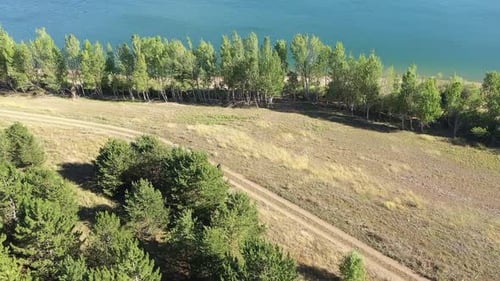 Vue aérienne de personnes à vélo dans une zone boisée au bord du lac 3