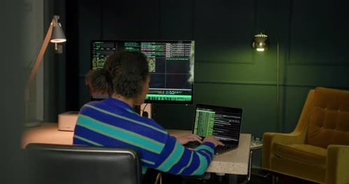 Serious young Woman Working on a Computer at night