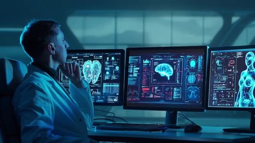 Doctor Working at Futuristic Office Multiple Monitors Displaying Medical Images Data and Body Scans