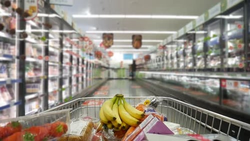 Empurrando um carrinho de compras em um supermercado em um shopping
