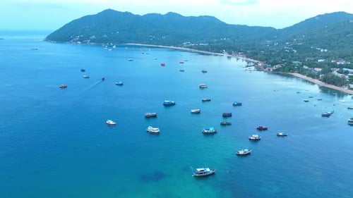 A many fishing boats in the beautiful tropical coast from drone view.