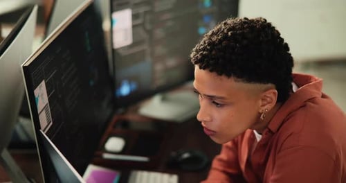 Programmer, code and woman with computer screen in office for web development, review or algorithm