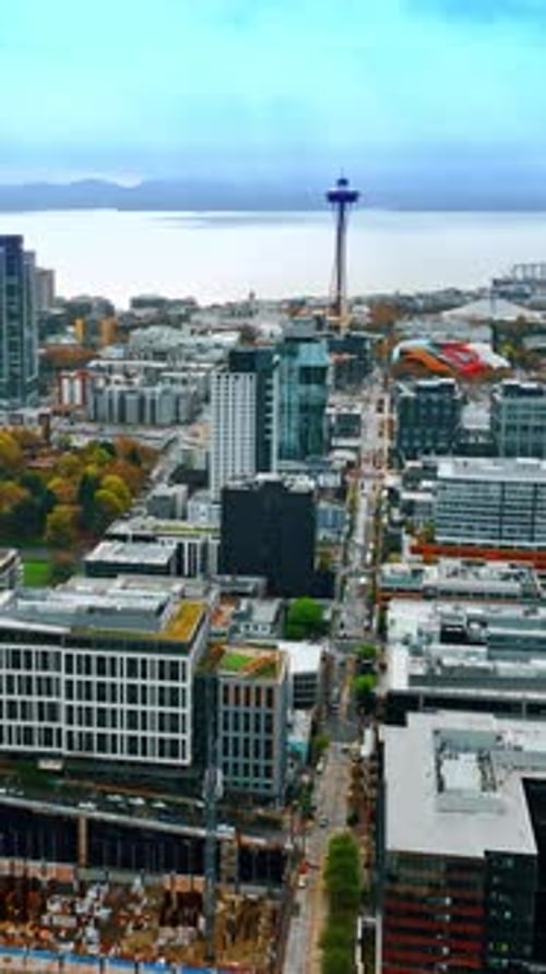 Top down aerial view the Seattle downtown area. City buildings landscapes. Vertical video