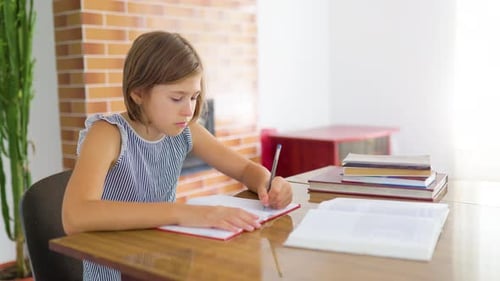 Front View of Beautiful Serious Girl Sitting at Desk Writing Something in a Copybook with Left Hand