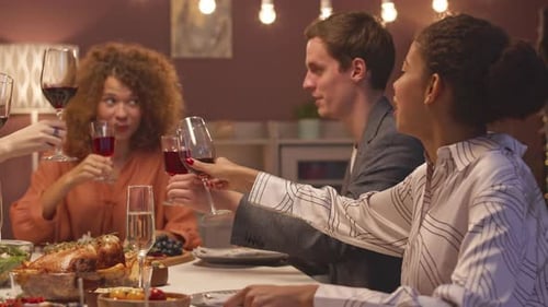 Multiethnic Friends Toasting with Their Glasses at Dinner Party