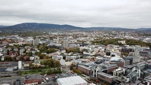 Panoramic Beautiful Autumn Oslo Top View To Modern Architecture And Rush Hour. Many Transport Mov...