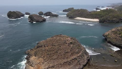 Aerial view of Kasap beach located in Pacitan, Indonesia. Java's Raja Ampat