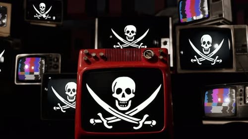 Vintage Television Sets Display Pirate Imagery and Static