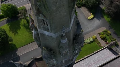 St. Cathedral, County Monaghan, Ireland, September 2022. Drone orbits the Spire of the stone Bell To