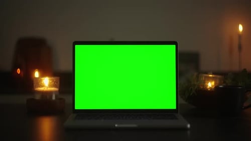 Captivating Visuals Enchanting Scenes of a Christmas Decorated Dark Room with a Green Screen Laptop