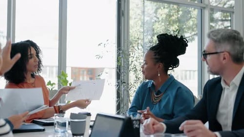 Collaboration, report and project management with business people in meeting for strategy