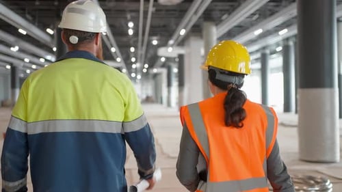 Construction Workers Indoors Two Engineers Man Woman Building Construction Site Drawing Blueprint
