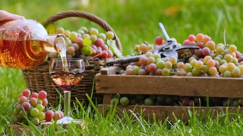 Pour white wine in glass in the garden. Viticulture. Grapes harvesting