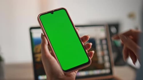 Hand Using Phone with Green Screen Close Up