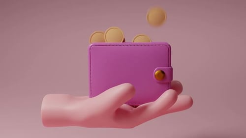 Trendy pink wallet holding gold coin in hand for financial freedom video