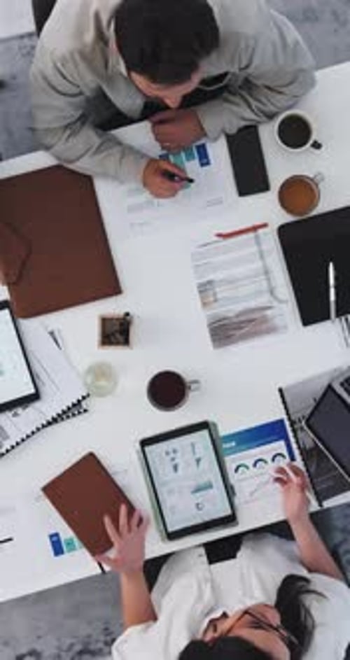 People, team and meeting with tablet in office for campaign ideas, KPI review or sales revenue