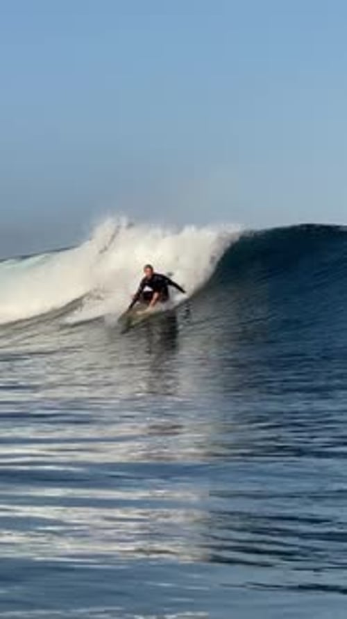 Surfer Riding a Blue Wave