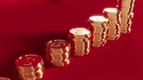 Gold Coins Cash Grow Graph on Red Bg