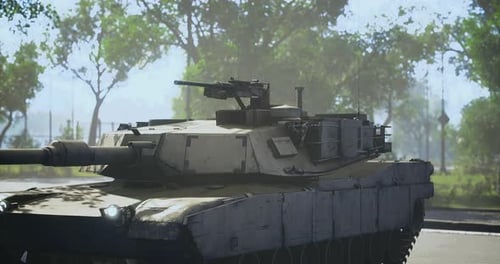 Military Tank on City Street During Daytime with Clear Skies