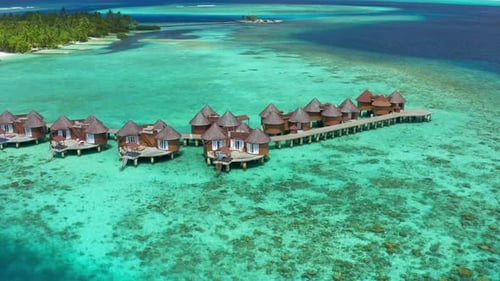 Luxury Overwater Villas with Coconut Palm Trees Blue Lagoon White Sandy Beach at Bora Bora Island