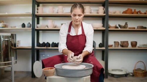 Pottery Workshop Young Woman Ceramist Makes a Pitcher Out of Clay Handicraft Production of Handmade