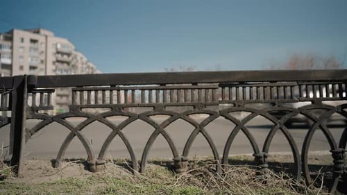 Close View of Intricate Metal Fence with Urban Background