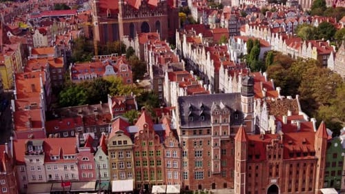 embankment in old town of Gdansk City . Aerial tilt down shot.