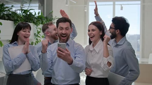 Successful Group Business People Multiracial Multinational Office Team Colleagues Happy Excited