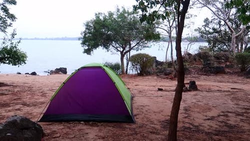 Green and Violet tent is on the shore of the bay surrounded by the forest. Summer, hike, backpacking
