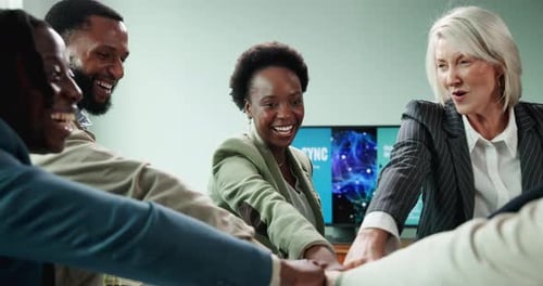 Group, business and people for teamwork with applause for neuro sync solution