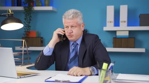 Worried Businessman Talking on Phone in Office