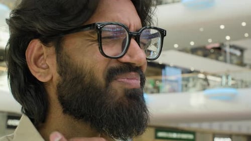 Close Up Sick Indian Businessman in Office Holding Neck Suffer with Sore Throat Pain Arabian