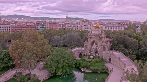 Aerial Drone Descending Over Ciutadella Park Fountain in Barcelona