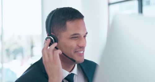 Businessman, call center and face consulting with headphones on computer in customer service