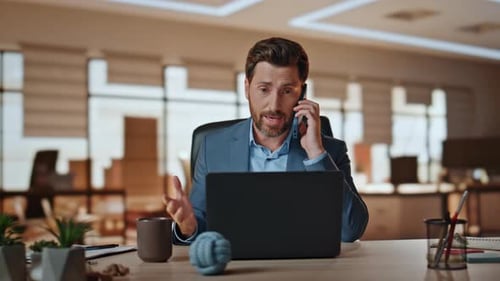 Man Banker Calling Client Nervous Conversation in Office Closeup Ceo Arguing