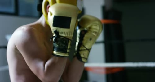 Professioneller junger Boxer im Ring, übe die Technik von Strikes, Rack, Defense und Enduran