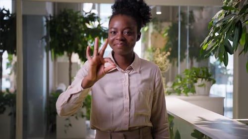 Smiling Cheerful Business Woman African American Ethnic Girl Female Happy Businesswoman in Office