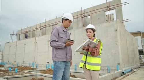 Los ingenieros y la arquitectura inspeccionan y supervisan la construcción de los muros y cimientos de los edificios