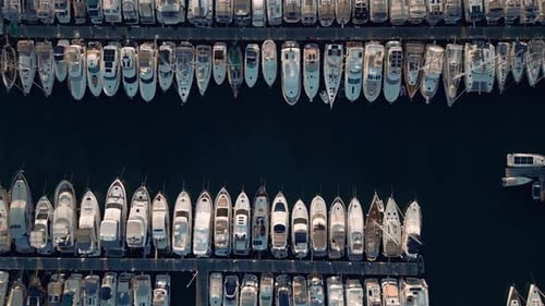 Aerial View on Blue Water of Summer Sea and Boats or Yachts in Ocean Harbour