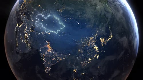 Realistic Earth Orbit and Zoom Glowing Borders Kazakhstan