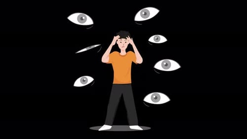 man panic attack eyes watching him, person with anxiety disorder animation 4k on alpha channel