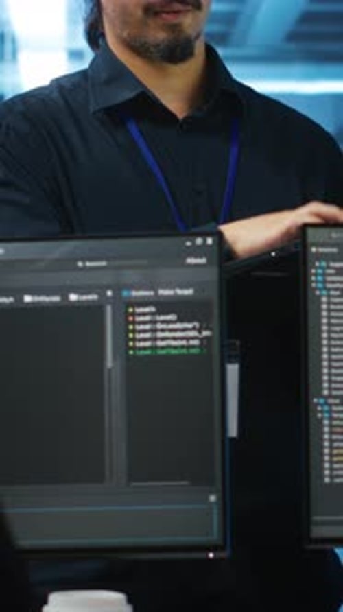 Vertical Video Manager in Data Center Doing Annual System Review Checking Parameters on Laptop
