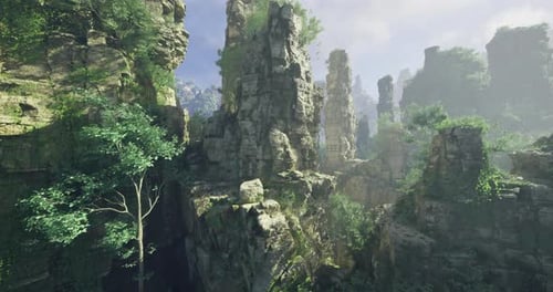 Majestic Rocky Landscape Featuring Lush Greenery and Towering Cliffs