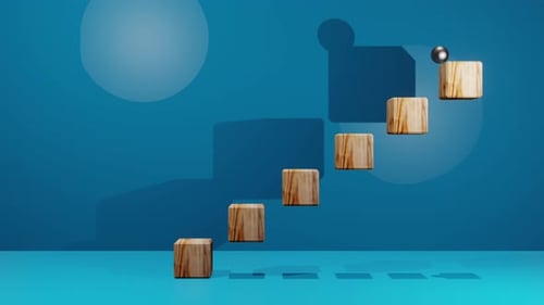 Abstract Sphere Bouncing Down Wooden Cube Staircase