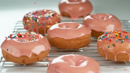 Auf Phantom Flex fallen Streusel auf gefrostete Donuts