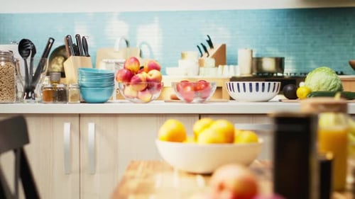 Bright Modern Kitchen Interior with Elegant Furniture and Wooden Cupboards