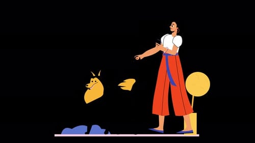 Woman Walking a Dog in a Colorful Illustration