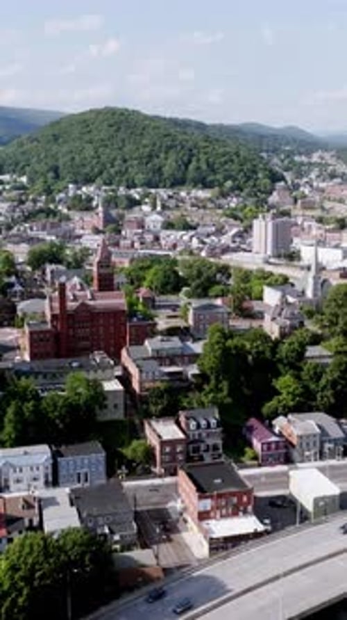 Vertical Cumberland Maryland Aerial Drone Pull Back Cityscape